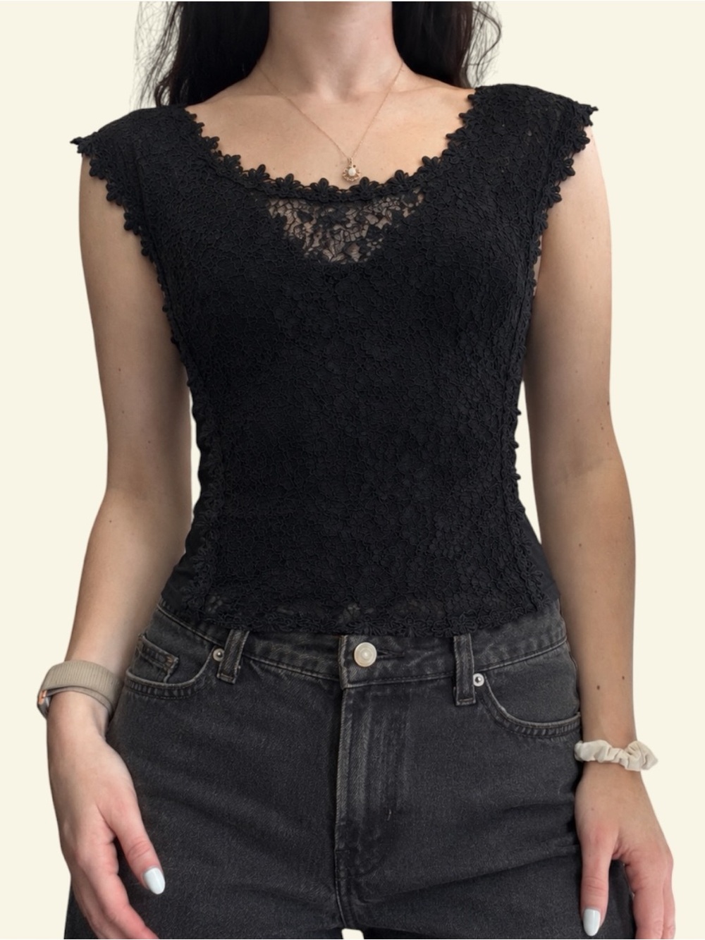 Vintage Y2K Express Black Crochet Lace Tank Top Blouse M Whimsigoth Coquette